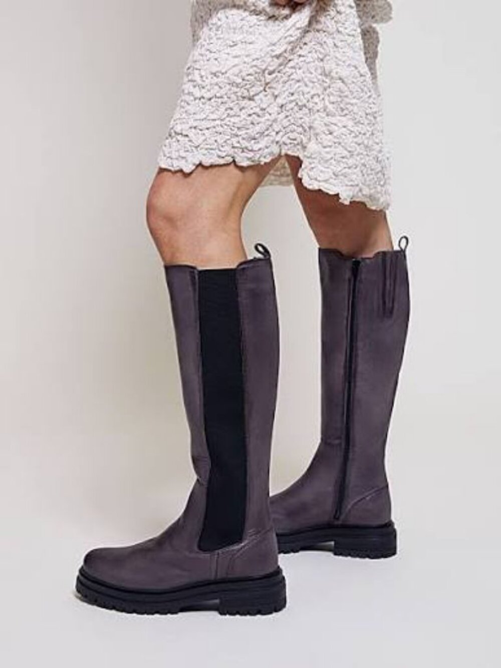 Miz Mooz  Loren Knee-High Lug Boot, Grey Leather  Women Size 42 (10.5-11 US)